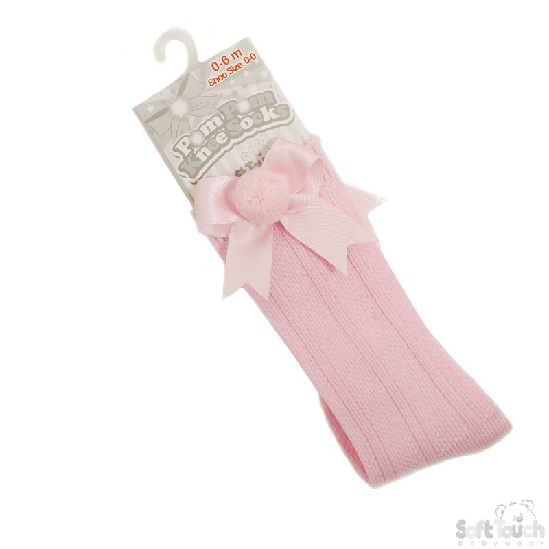 Pink Infants Pom Pom Socks with Bow No. S107-P