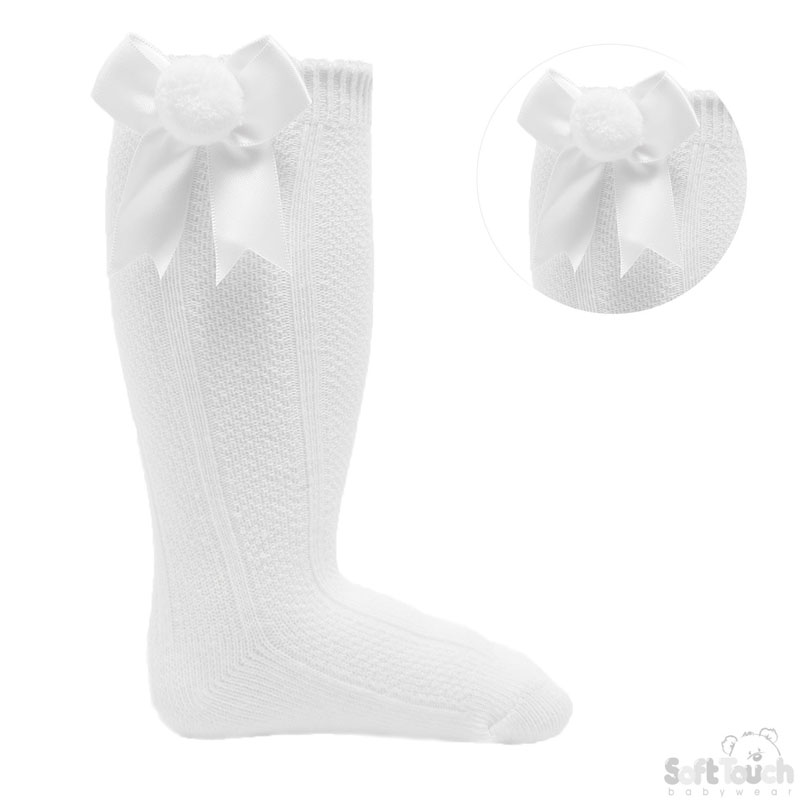 White Infants Pom Pom Socks with Bow No. S107-W
