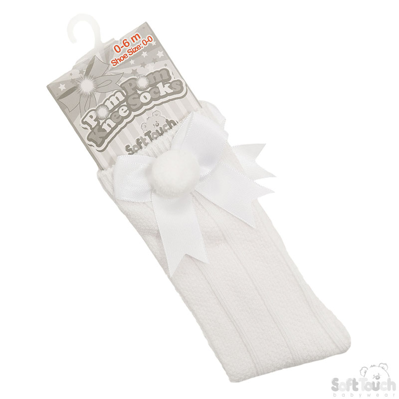 White Infants Pom Pom Socks with Bow No. S107-W