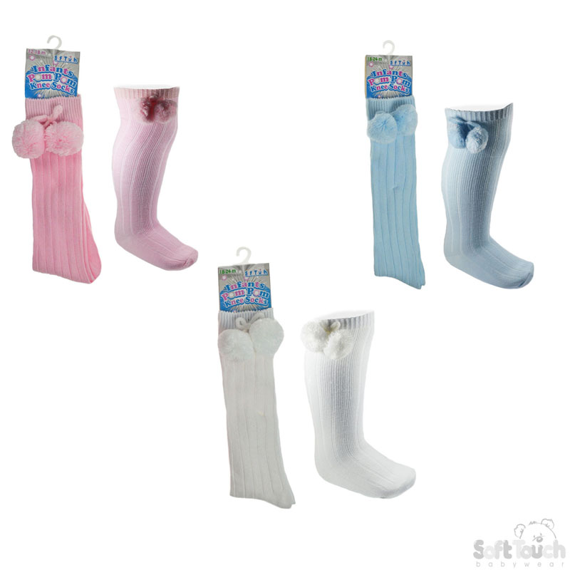 Children's Knee Length Pom Pom Socks S108-PBW