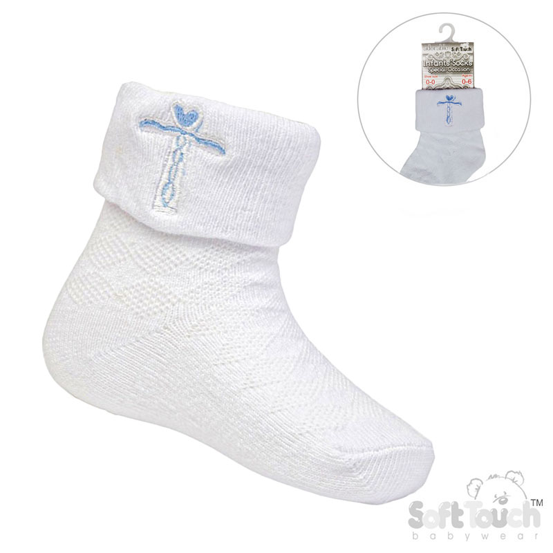 White Ankle Socks W/Blue Cross Embroidery No. S11-B