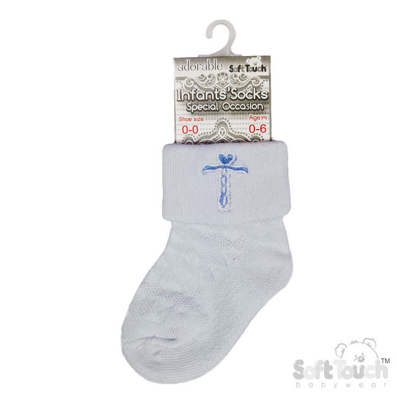 White Ankle Socks W/Blue Cross Embroidery No. S11-B