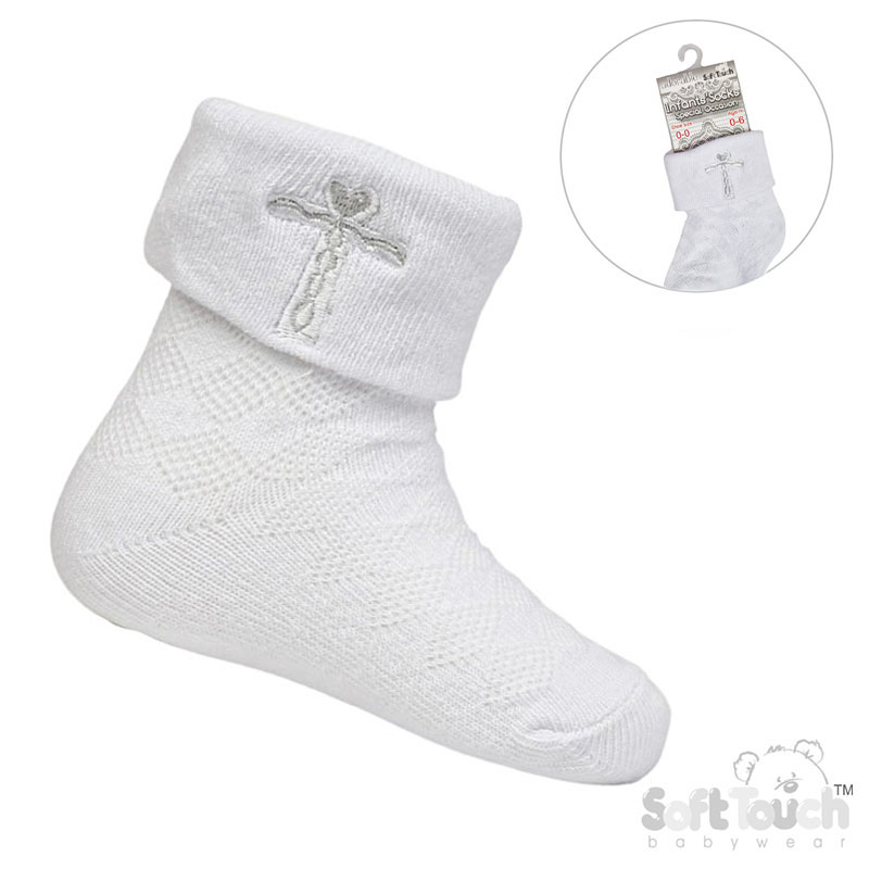 White Ankle Socks W/Grey Cross Embroidery No. S11-G