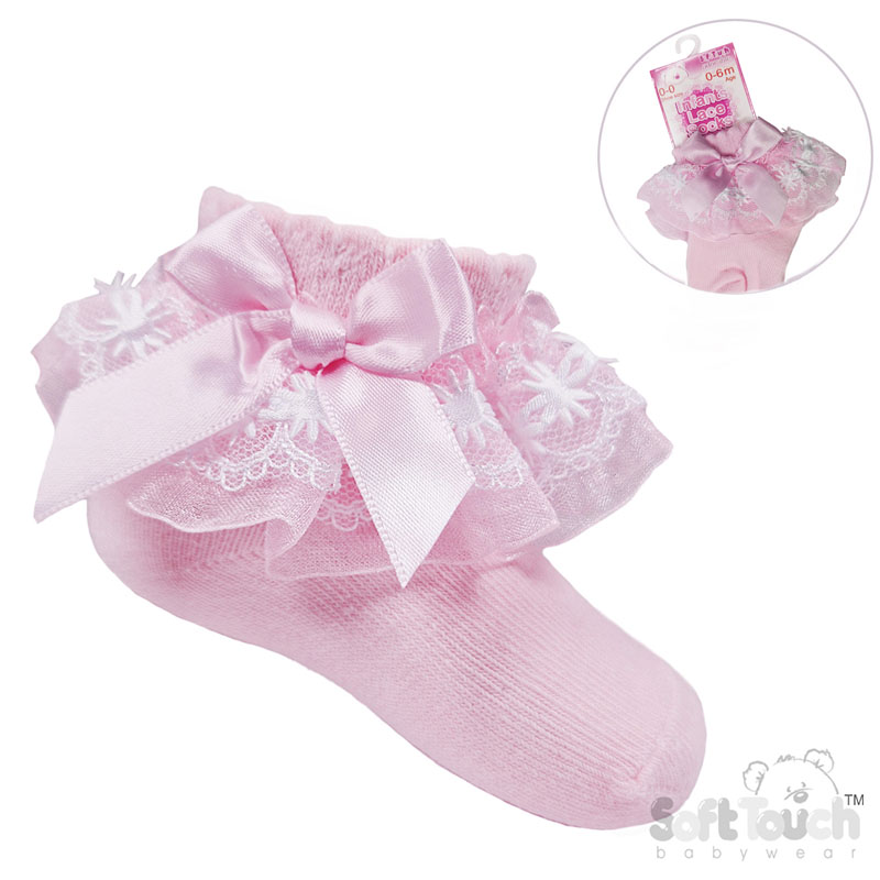 Pink  Organza Lace Socks W/Flower & Bow S115-P