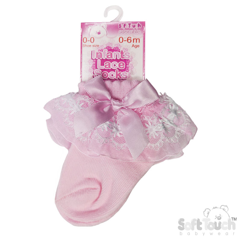 Pink  Organza Lace Socks W/Flower & Bow S115-P