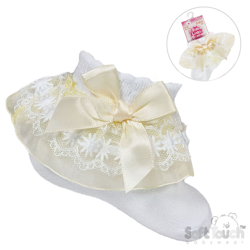 White Sock W/Lemon Organza Lace & Bow No. S115-WL