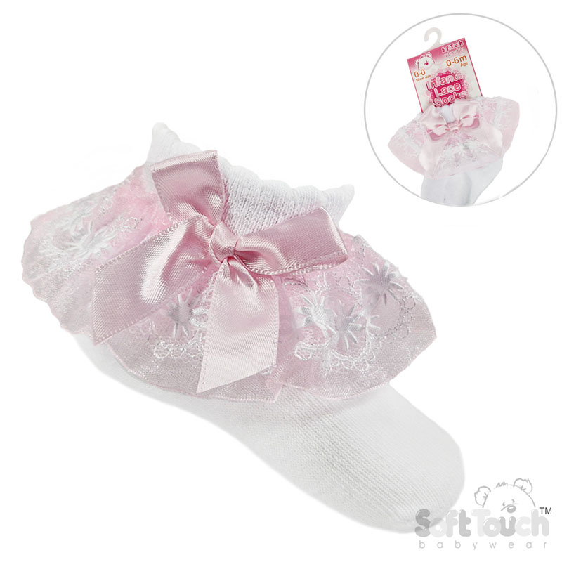 White Sock W/Pink Organza Lace & Bow No. S115-WP