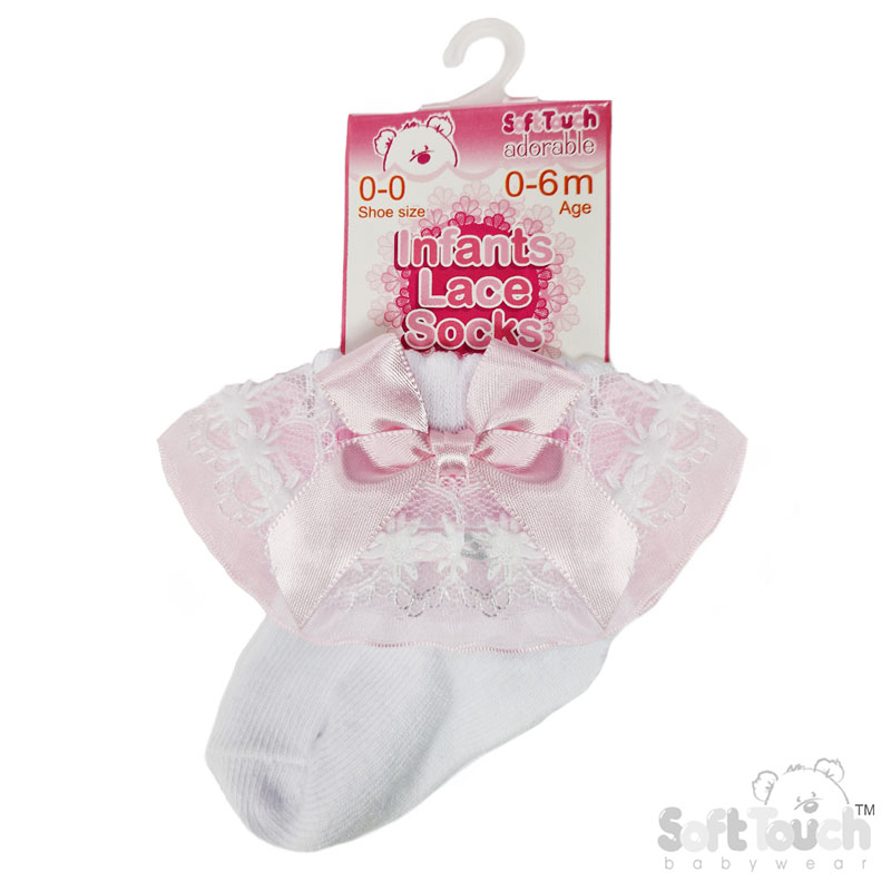 White Sock W/Pink Organza Lace & Bow No. S115-WP