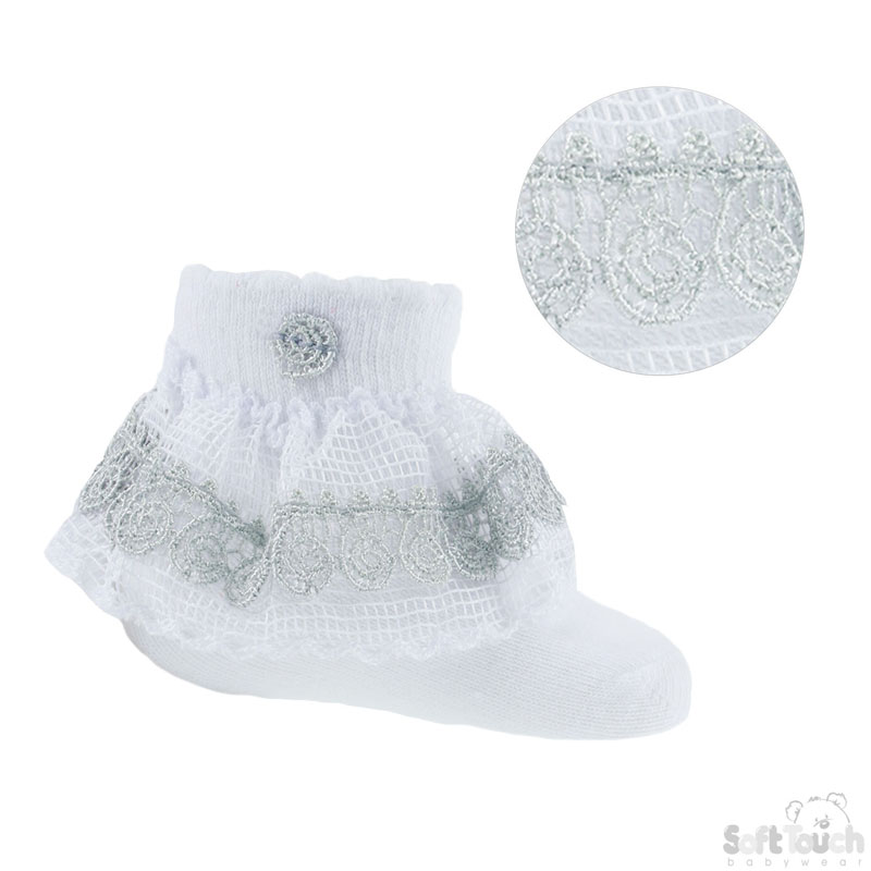Grey Waffle Lace Socks W/Flower Trim S117-G