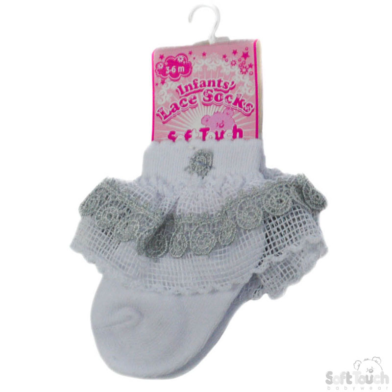 Grey Waffle Lace Socks W/Flower Trim S117-G