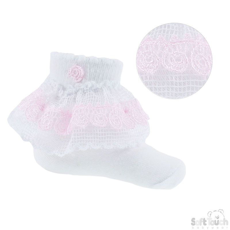 Waffle Lace Socks w/Pink Flower Trim: S117-P