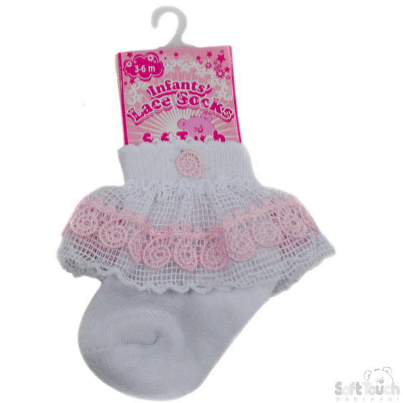Waffle Lace Socks w/Pink Flower Trim: S117-P