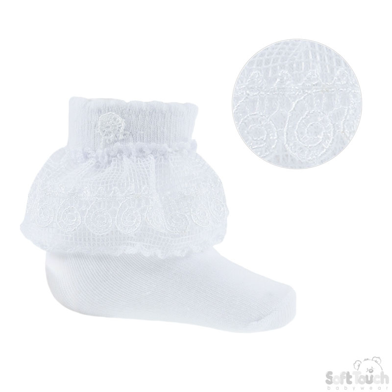 Waffle Lace Socks w/White Flower Trim: S117-W