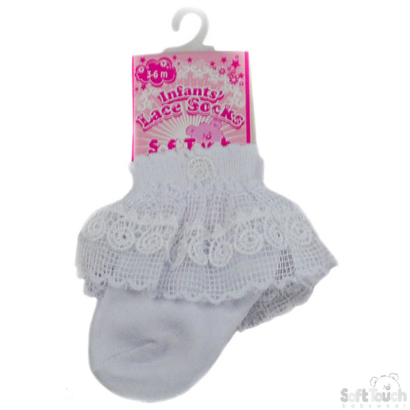 Waffle Lace Socks w/White Flower Trim: S117-W