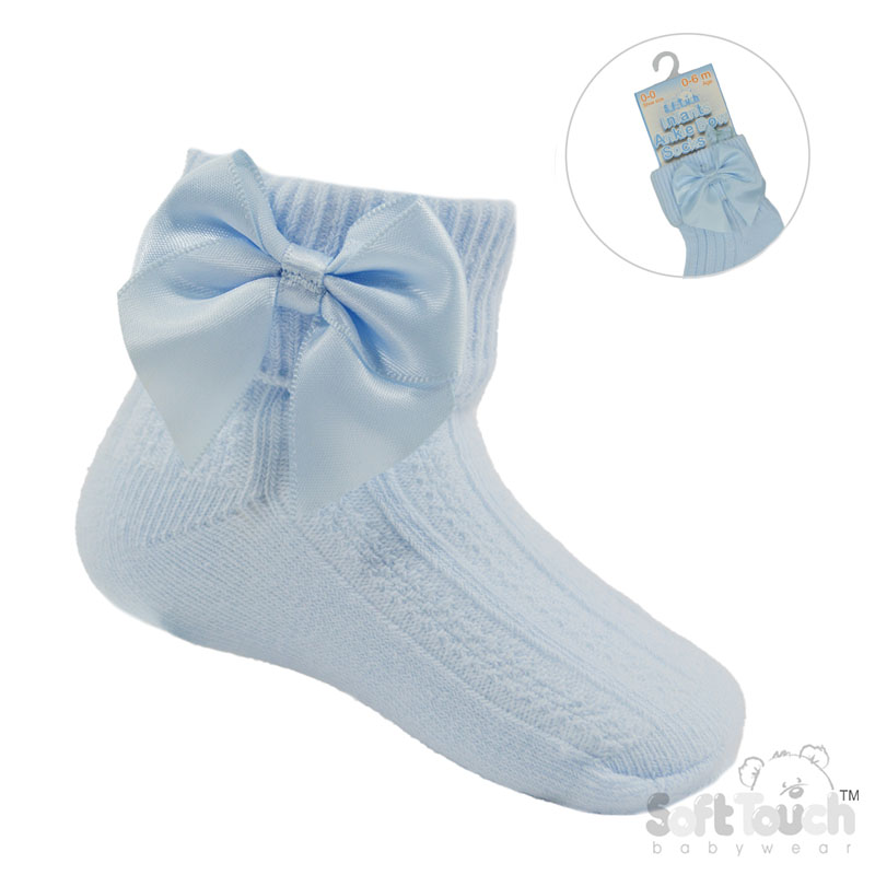 Blue Ribbed Turnover Ankle Socks w/Large Bow: S123-B