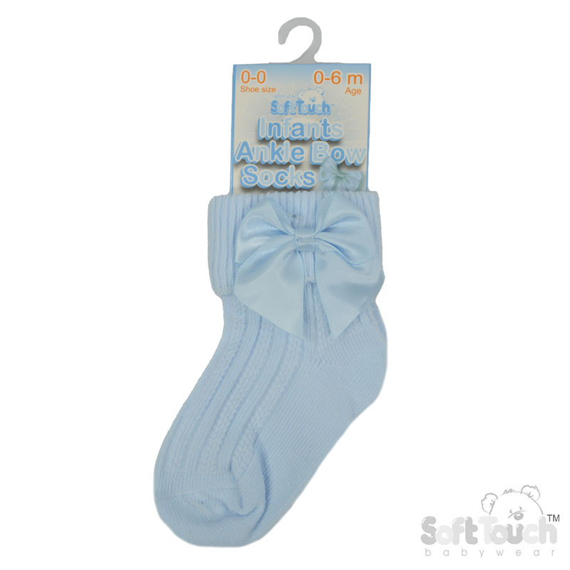 Blue Ribbed Turnover Ankle Socks w/Large Bow: S123-B