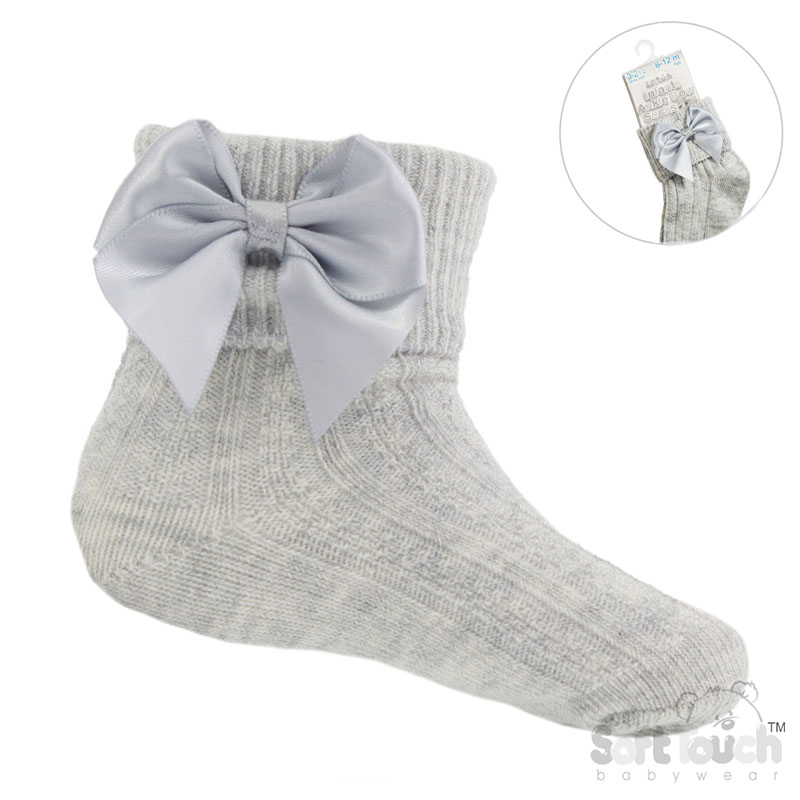Grey Ribbed Turnover Ankle Socks W/Large Bow No.S123-G