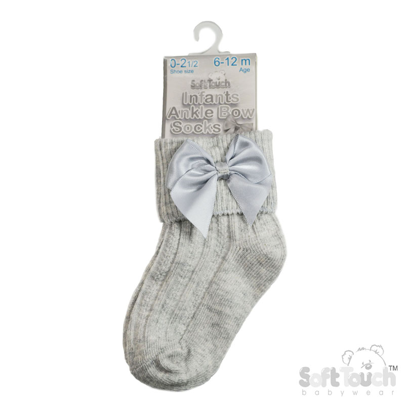 Grey Ribbed Turnover Ankle Socks W/Large Bow No.S123-G