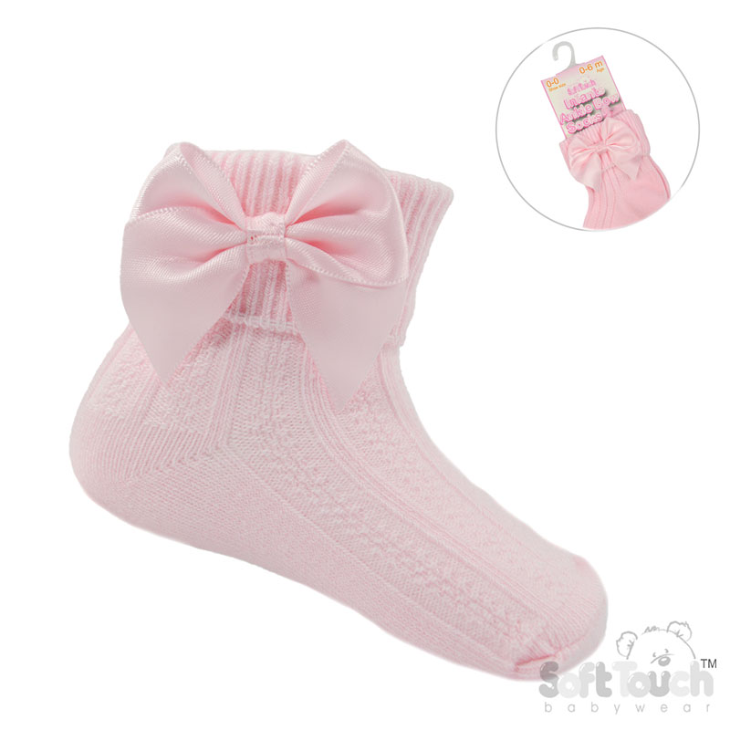 Pink Ribbed Turnover Ankle Socks w/Large Bow: S123-P-0-6