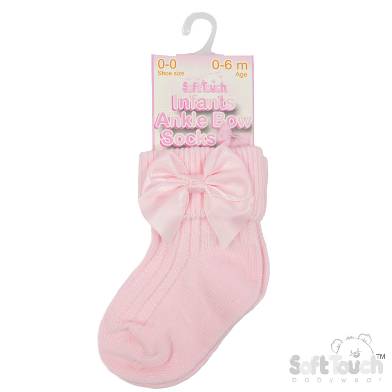 Pink Ribbed Turnover Ankle Socks w/Large Bow: S123-P-0-6