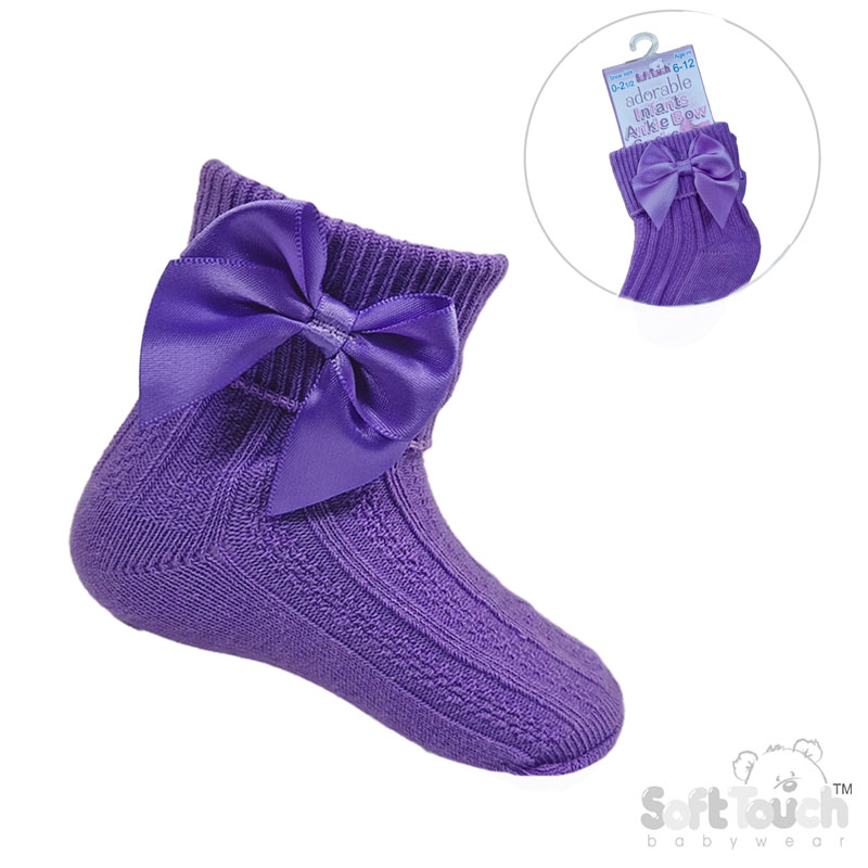 Plum Ribbed Turnover Ankle Socks w/Large Bow: S123-PL