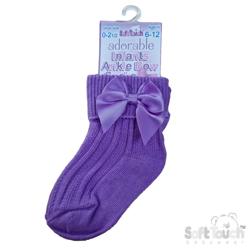 Plum Ribbed Turnover Ankle Socks w/Large Bow: S123-PL