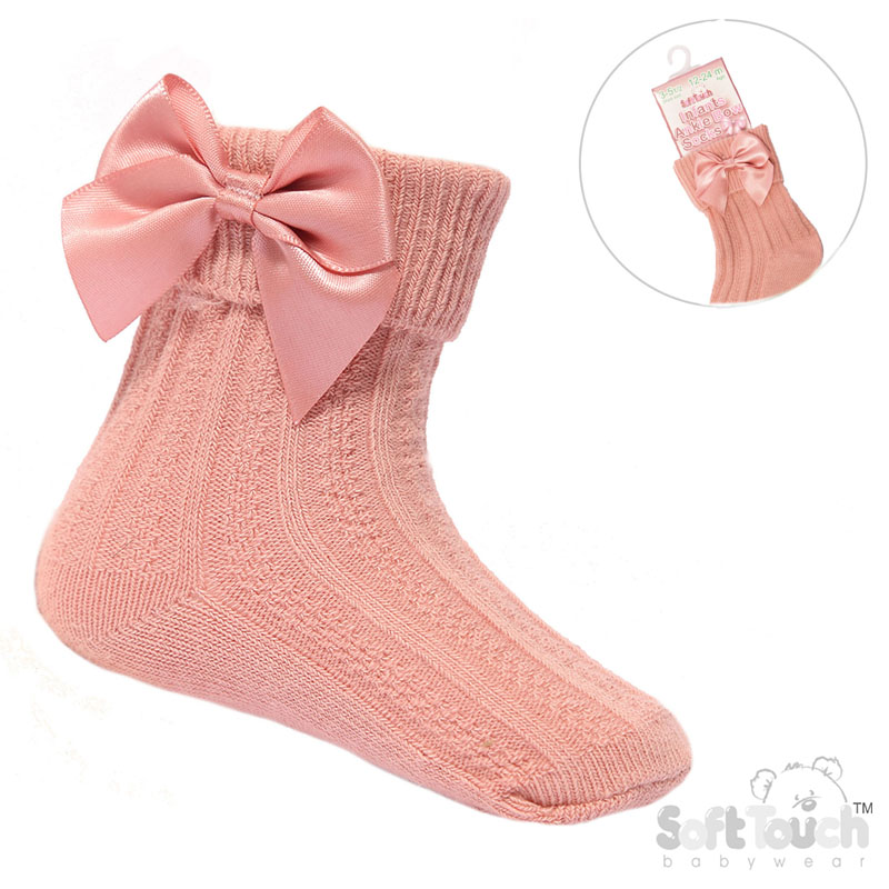 Rose Gold Ribbed Turnover Ankle Socks W/Large Bow No. S123-RO