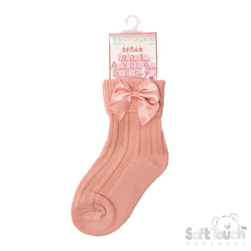 Rose Gold Ribbed Turnover Ankle Socks W/Large Bow No. S123-RO