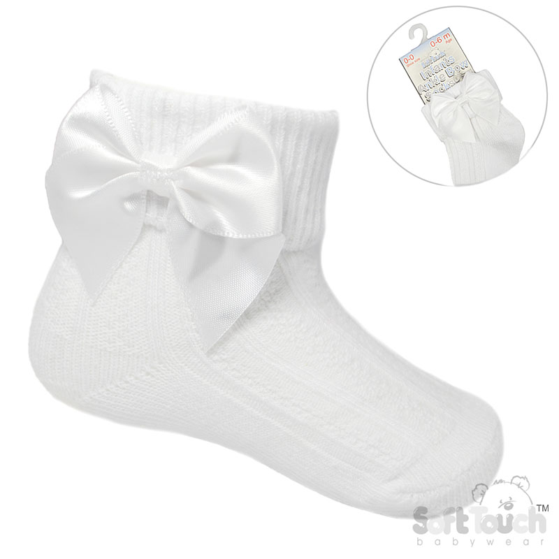 White Ribbed Turnover Ankle Socks w/Large Bow: S123-W-0-6