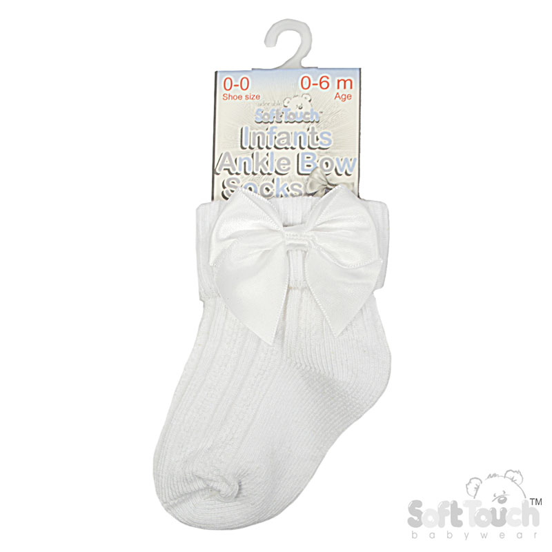 White Ribbed Turnover Ankle Socks w/Large Bow: S123-W-0-6