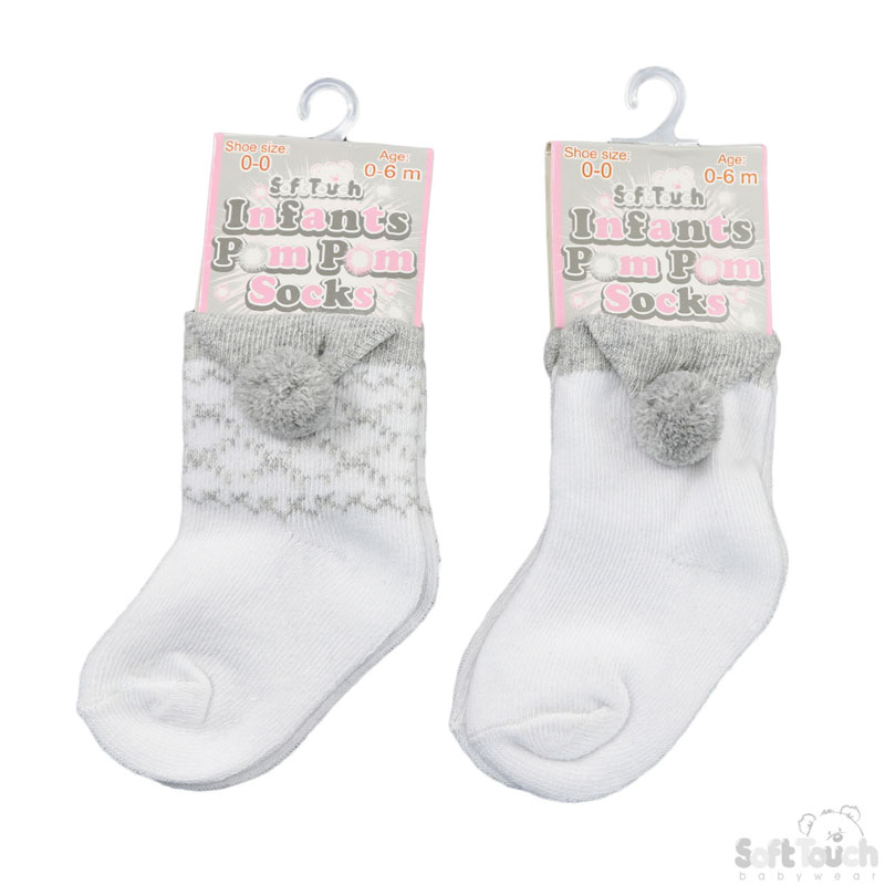 Grey/White Triangular Pom Pom Socks No. S124-G
