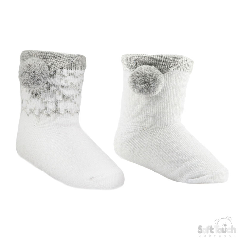 Grey/White Triangular Pom Pom Socks No. S124-G