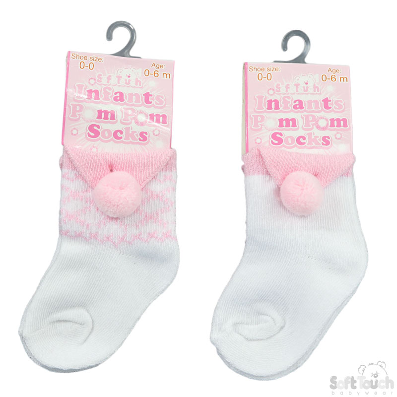 Pink/White Triangular Pom Pom Socks No. S124-P
