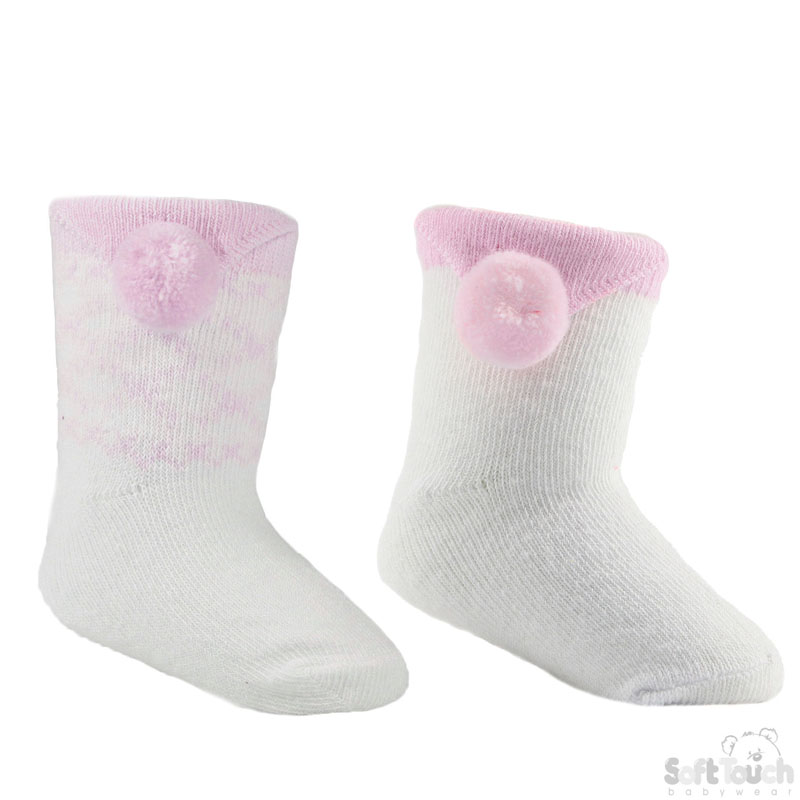 Pink/White Triangular Pom Pom Socks No. S124-P