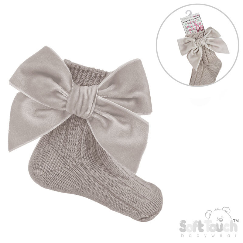 Biscuit Ribbed Ankle Socks w/Large Velvet Bow : S126-BI