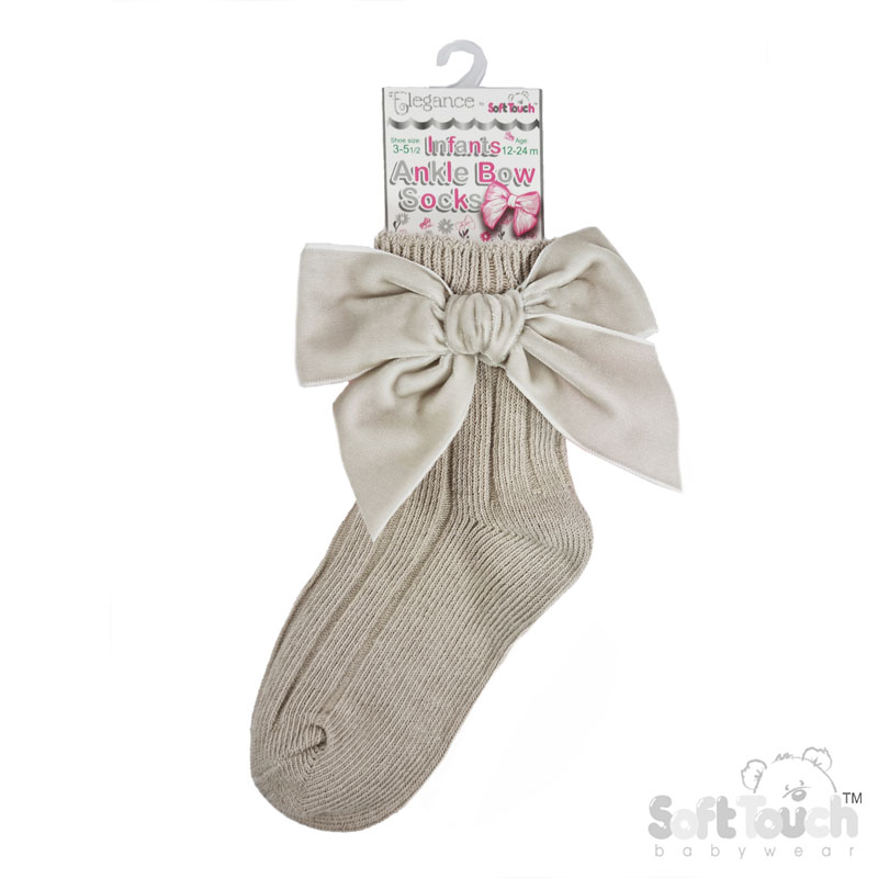 Biscuit Ribbed Ankle Socks w/Large Velvet Bow : S126-BI