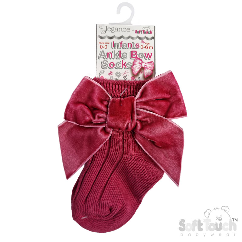 Dusty Pink Ribbed Ankle Socks w/Large Velvet Bow : S126-DP