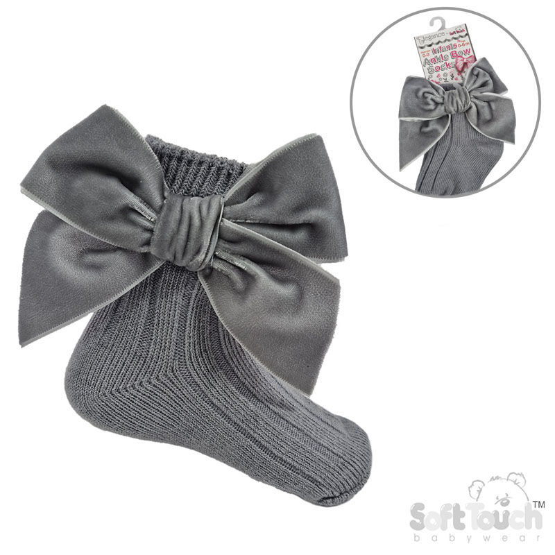 Grey Ribbed Ankle Socks w/Large Velvet Bow : S126-G