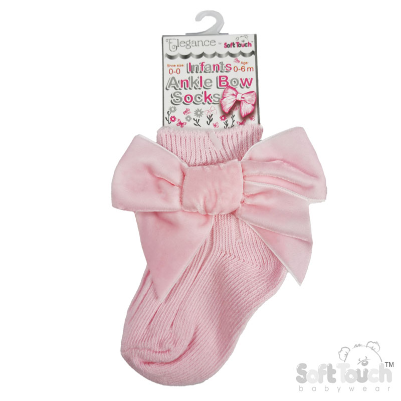 Pink Ribbed Ankle Socks w/Large Velvet Bow : S126-P