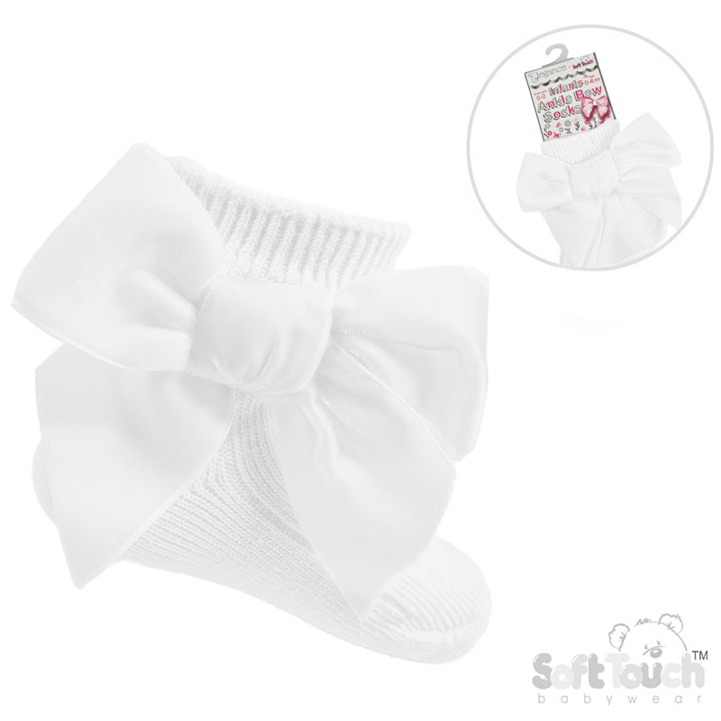 White Ribbed Ankle Socks w/Large Velvet Bow : S126-W