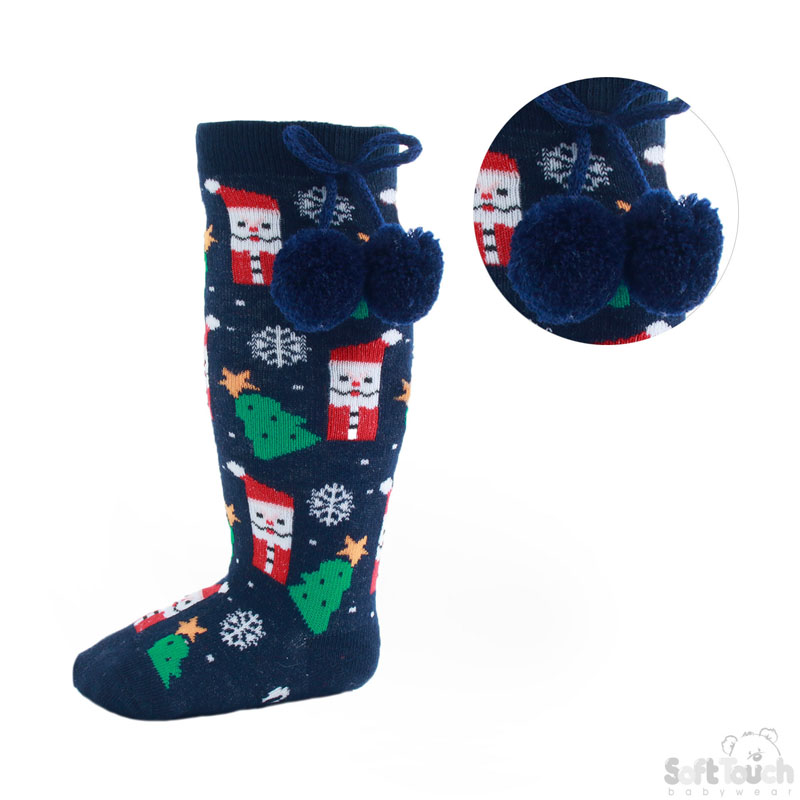 Navy Xmas Knee Length Pom Pom Socks No. S135-X-N