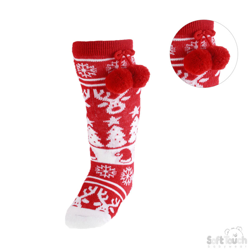 Red Xmas Knee Length Pom Pom Socks No. S135-X-R