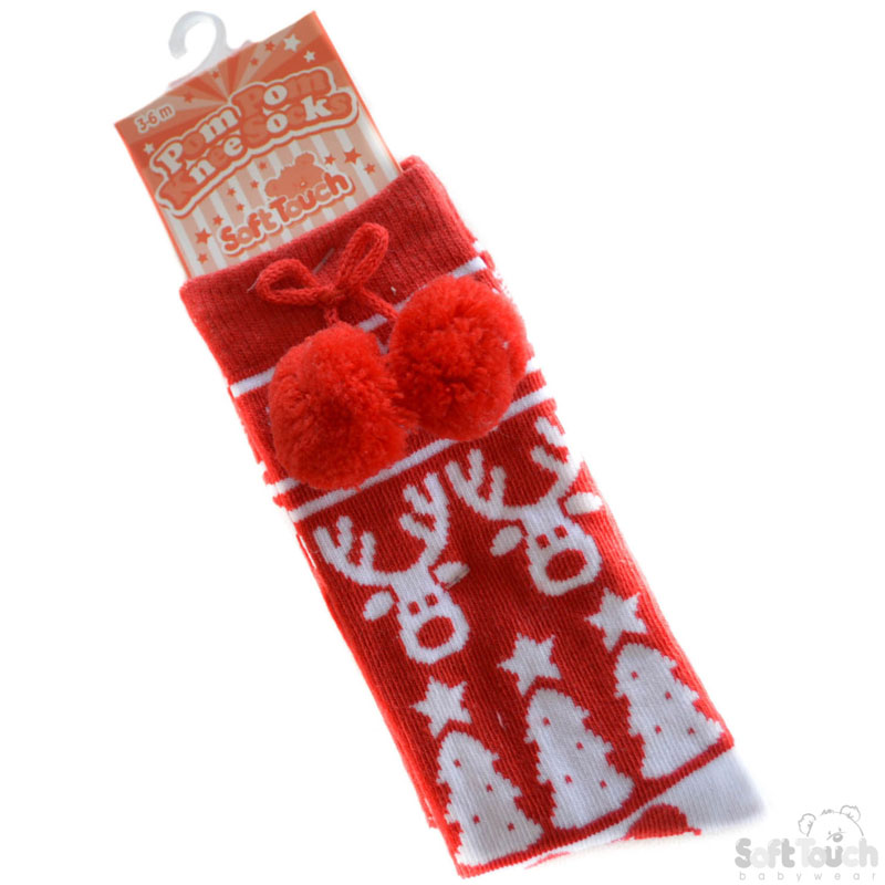 Red Xmas Knee Length Pom Pom Socks No. S135-X-R