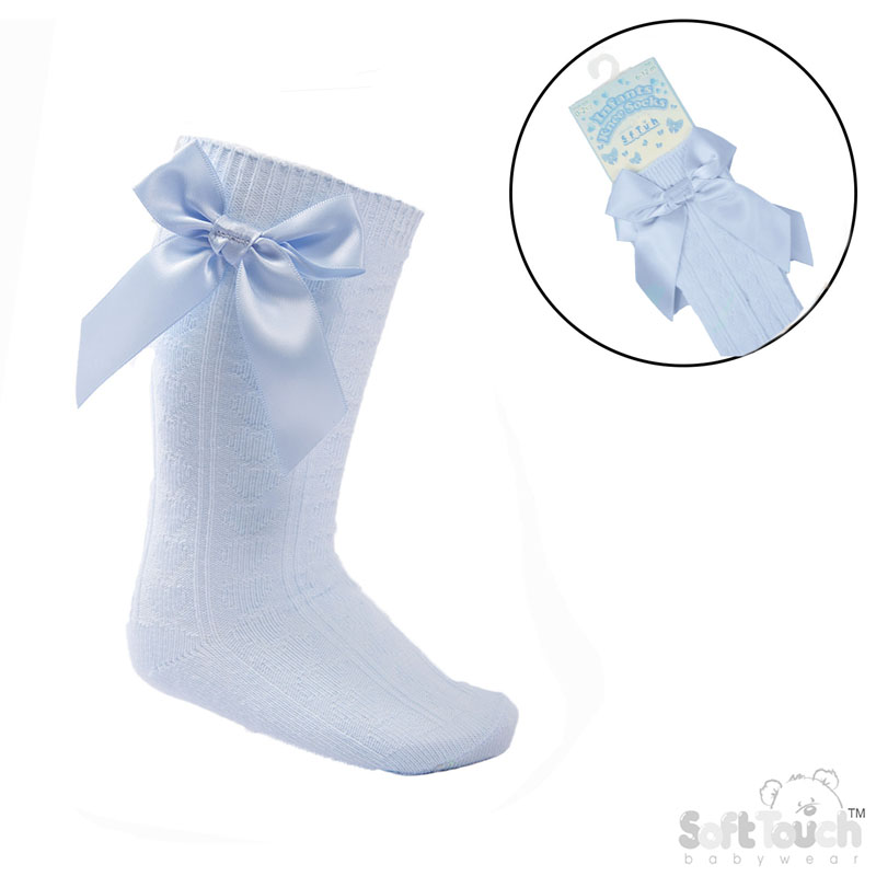 Blue 'Adorable' Knee Length Socks w/Satin Bow : S141-B