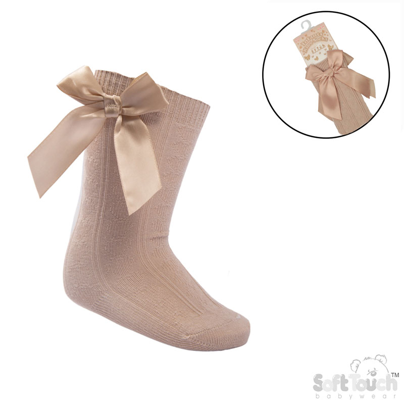 Beige 'Adorable' Knee Length Socks w/Satin Bow : S141-BE