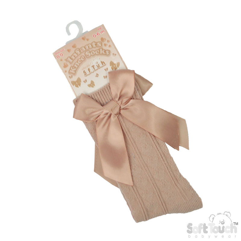 Beige 'Adorable' Knee Length Socks w/Satin Bow : S141-BE