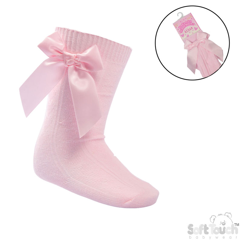 Pink 'Adorable' Knee Length Socks w/Satin Bow : S141-P-0-6