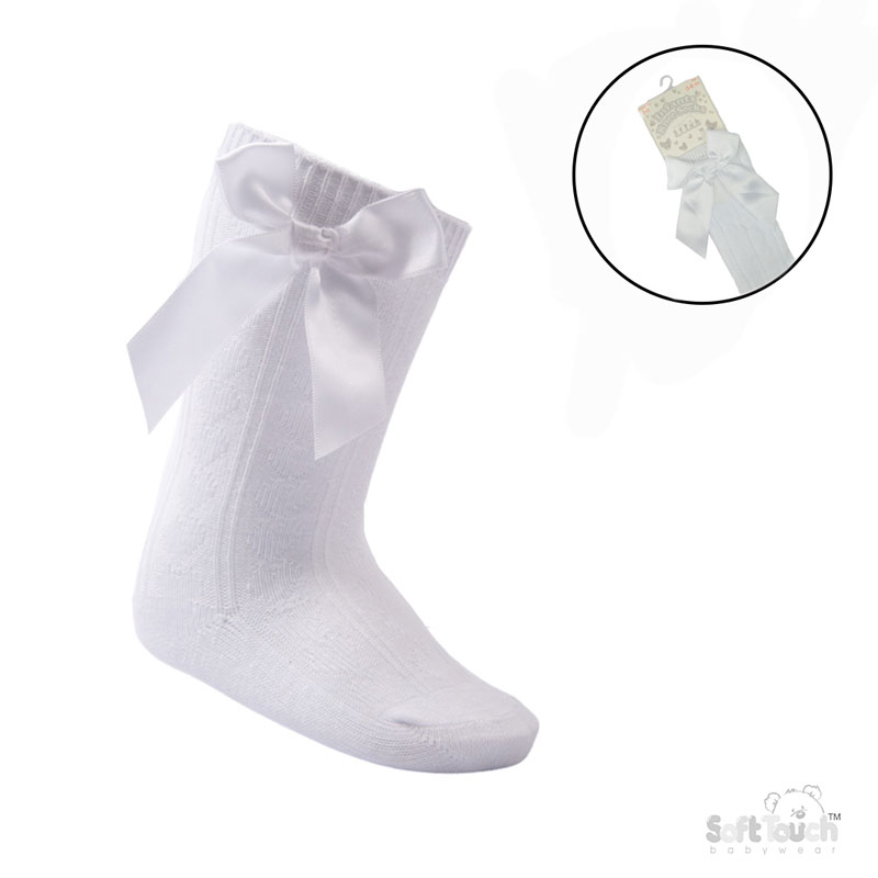 White 'Adorable' Knee Length Socks w/Satin Bow : S141-W-0-6