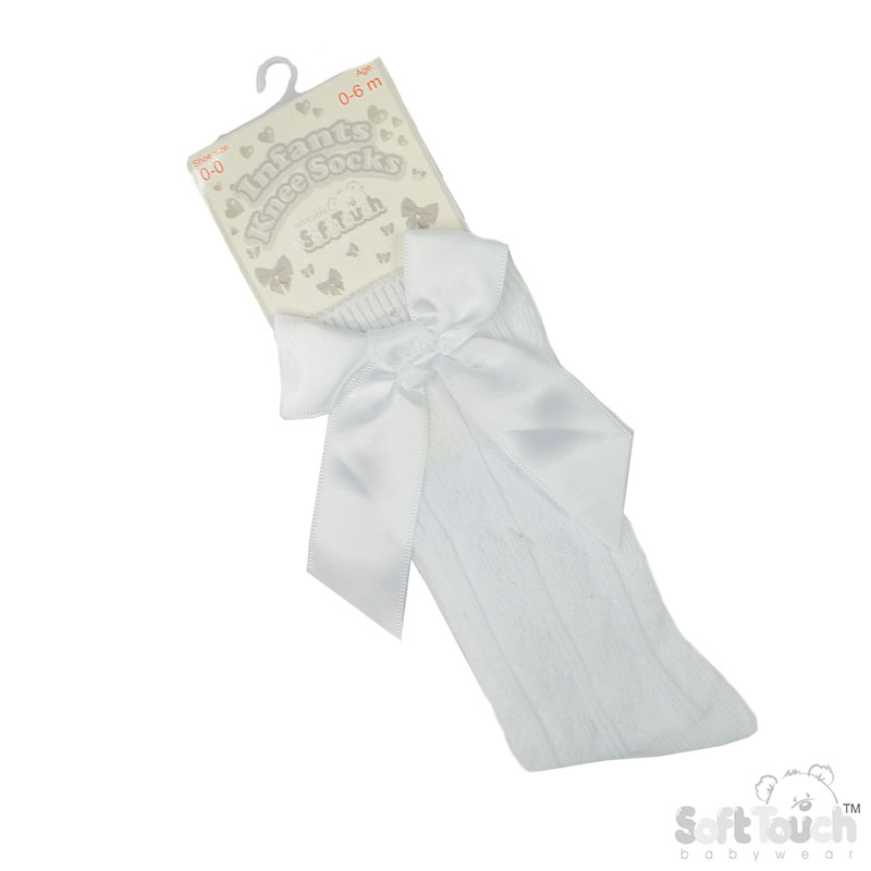 White 'Adorable' Knee Length Socks w/Satin Bow : S141-W-0-6