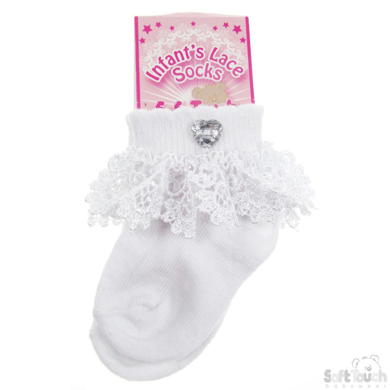 Infants Lace Socks w/Heart Diamonte: S15-WH